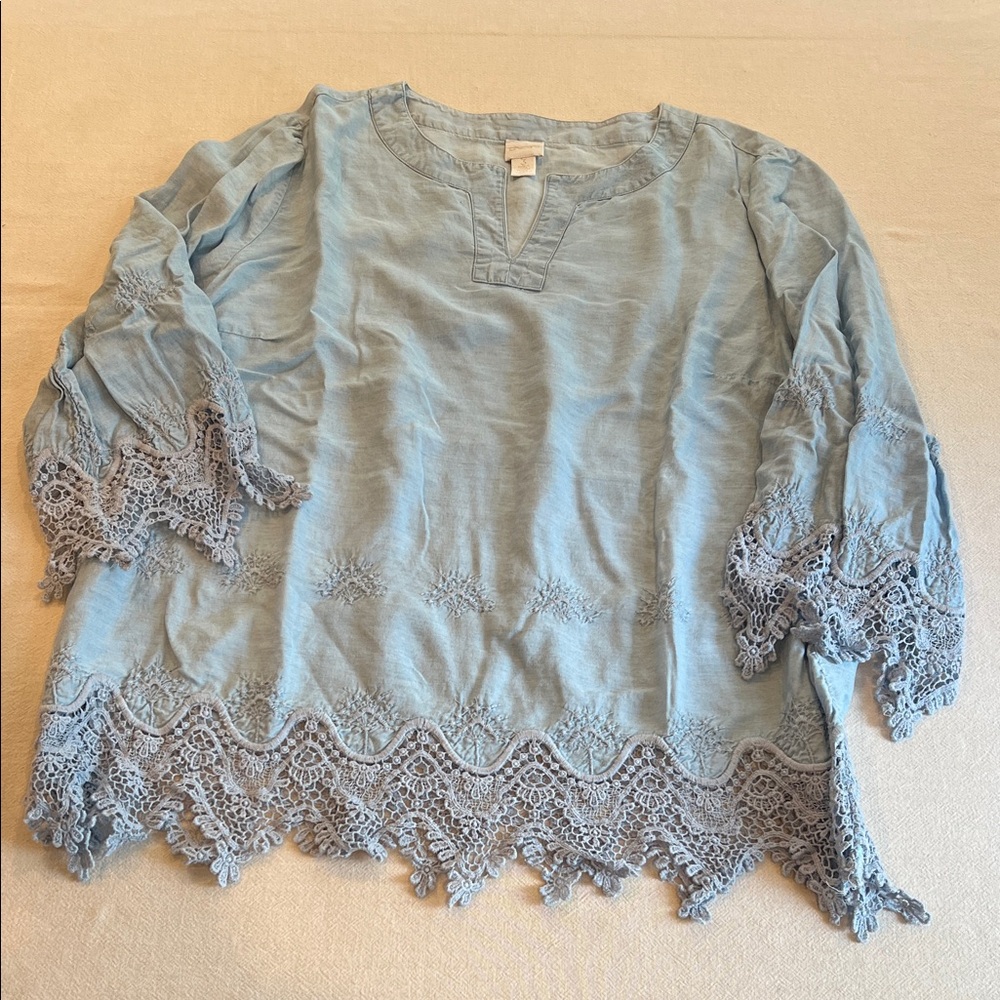 Chico's Powder Blue Crochet-Hem Tunic Top